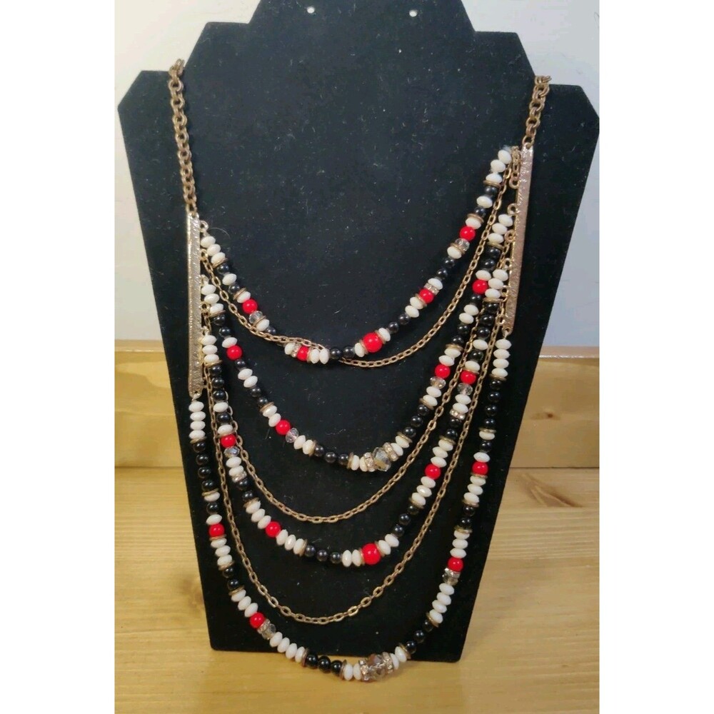Multi-Stranded Vintage INC Beaded NECKLACE Red White Gold Black 30" Adjustable